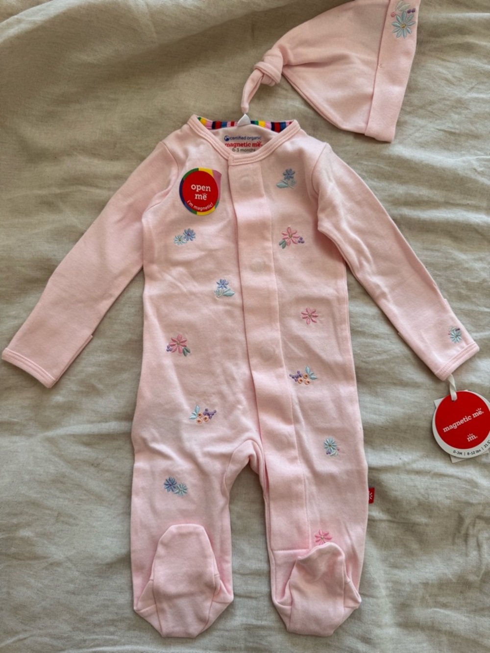 Magnetic Me Pink Floral Magnetic-Front Baby Girls One-Piece with Hat